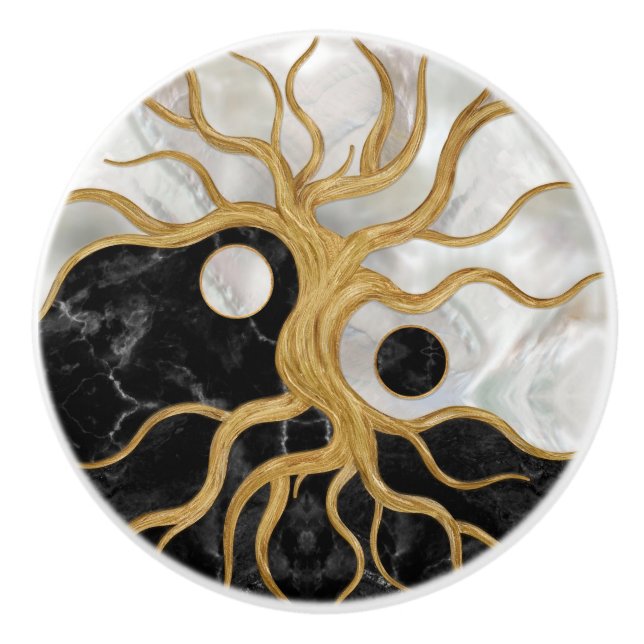 Yin Yang Tree of life - Marbles and Gold Ceramic Knob (Front)