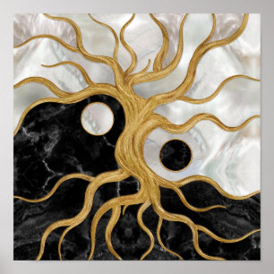 Yin Yang Tree of life - Marbles and Gold Poster