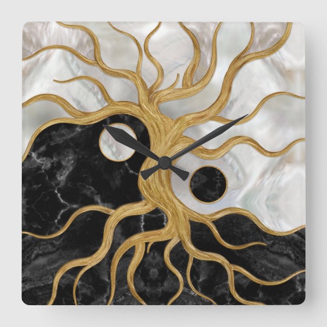 Yin Yang Tree of life - Marbles and Gold Square Wall Clock (Front)