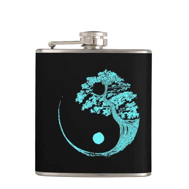 Yin Yang Turquoise Blue Bonsai Tree Japanese Hip Flask (Front)