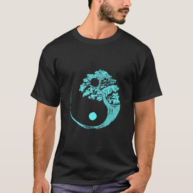 Yin Yang Turquoise Blue Bonsai Tree Japanese T-Shirt (Front)