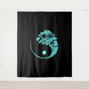 Yin Yang Turquoise Blue Bonsai Tree Japanese Tapestry
