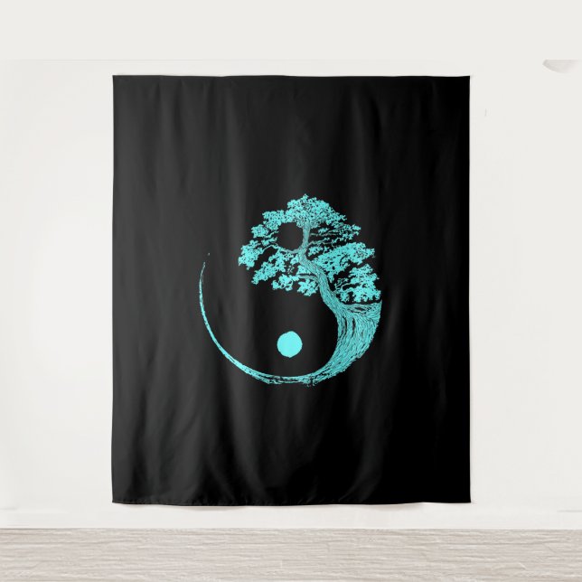Yin Yang Turquoise Blue Bonsai Tree Japanese Tapestry (Front)