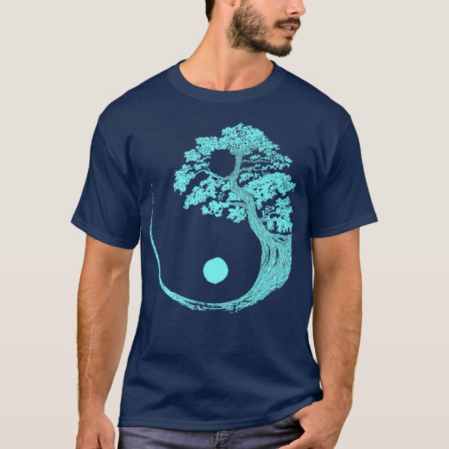 Yin Yang Turquoise Blue Bonsai Tree Japanese Zen T-Shirt (Front)