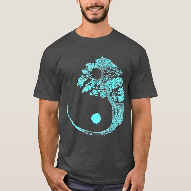 Yin Yang Turquoise Blue Bonsai Tree Japanese Zen T-Shirt (Front)