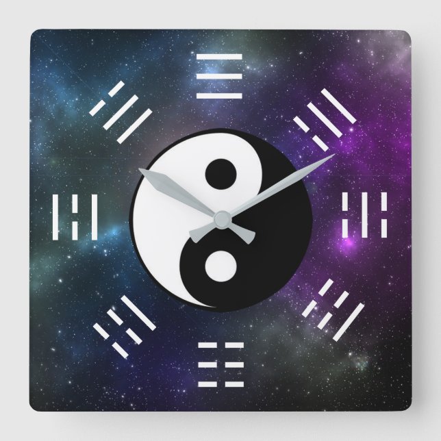 Yin Yang with Bagua Trigram Symbols I-Ching Square Wall Clock (Front)