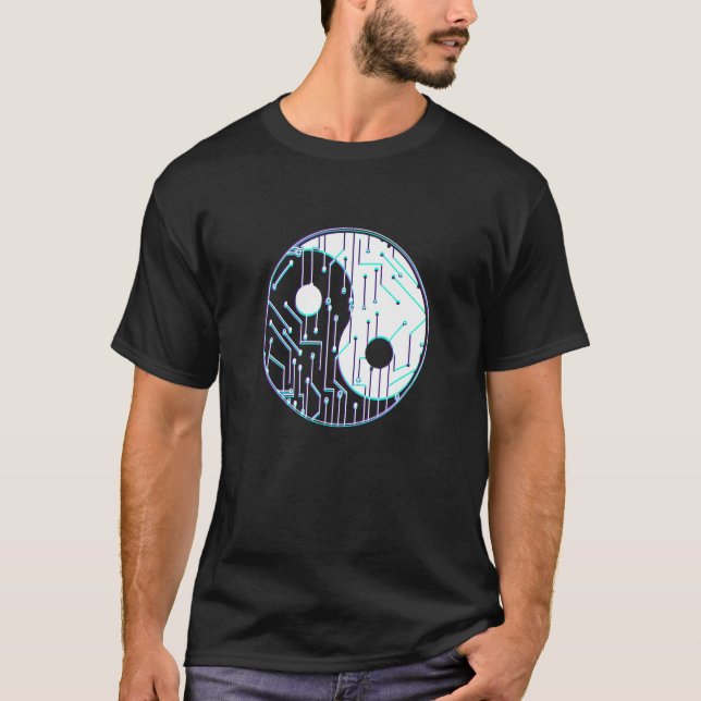 Yin Yang With Glitch Effect In Computer Chip And V T-Shirt (Front)