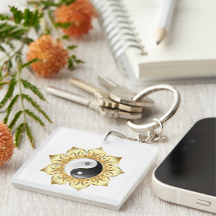 Yin Yang with gold lotus petals Acrylic Keychain