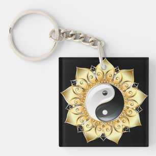 Yin Yang with gold lotus petals Key Ring