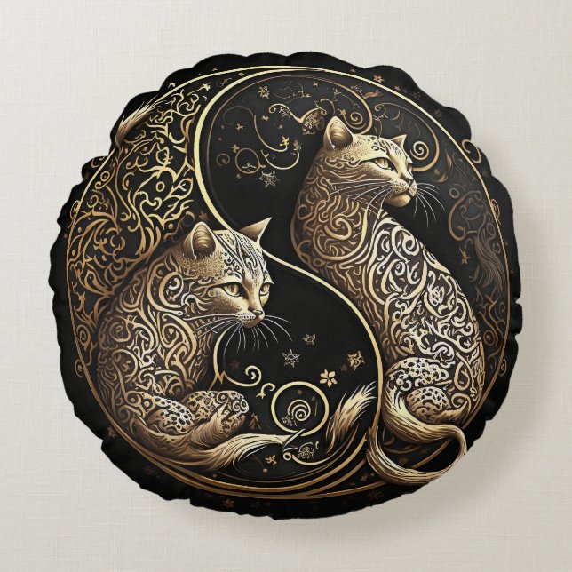 Ying and Yang Cats gold Round Cushion (Front)