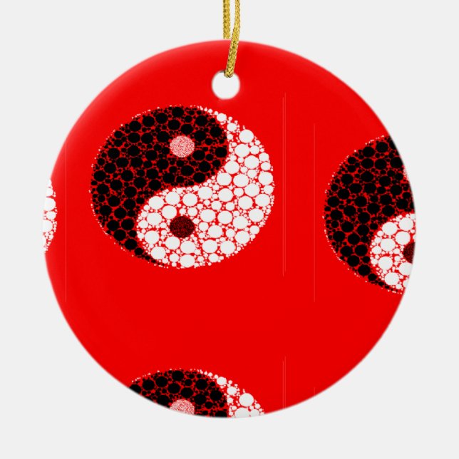 Ying yang circles on red ceramic tree decoration (Front)