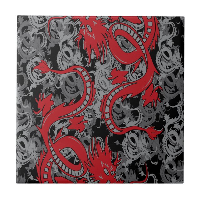Ying Yang Red Dragons Tile (Front)