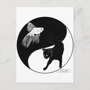 YinYang Fish and Cat - Black and White Postcard