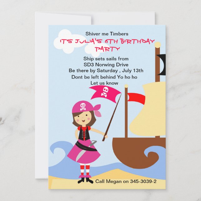 Yo Ho Ho Pink Pirate Birthday Party invitation (Front)
