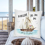 Yo Ho Ho Pirate Santa Ship Christmas Cushion<br><div class="desc">Ahoy! Add some fun to your holiday decor with this Christmas cotton throw pillow featuring a watercolor pirate Santa with a tropical coconut drink, and a pirate ship and jolly roger with "Aargh!" and "Yo Ho Ho" captions. The greeting (shown here with Merry Christmas), and the pirate ship name can...</div>