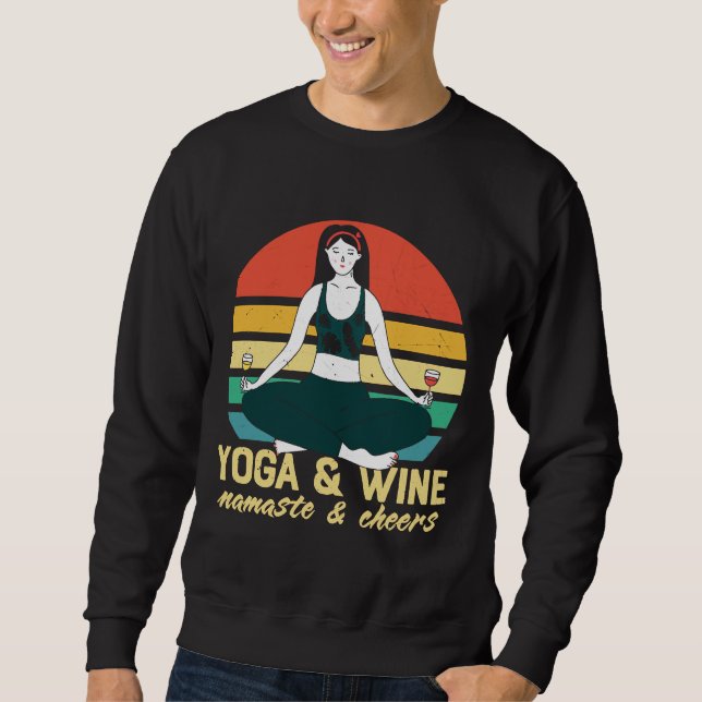 Yoga &amp Wine Retro Wine Drinking Sweatshirt (Front)