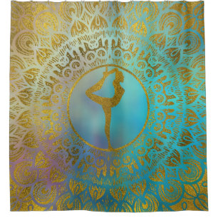 Yoga Asana Symbol in Gold Mandala Shower Curtain