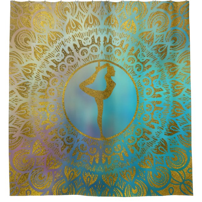 Yoga Asana Symbol in Gold Mandala Shower Curtain (Front)