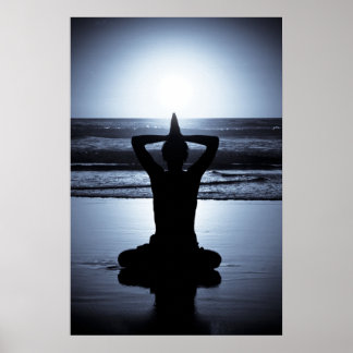 Yoga at night on the beach with full moon reflecti poster