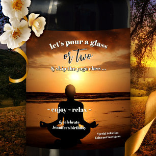 Yoga Beach Sunset Birthday Wine Label