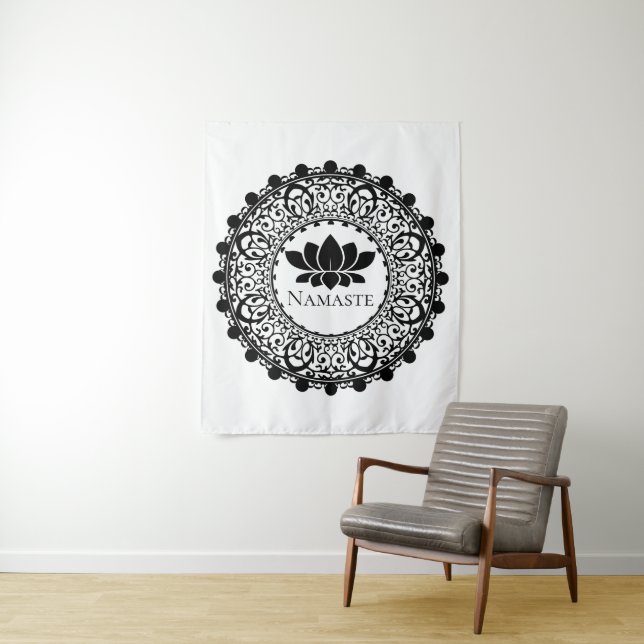 Yoga Black Mandala Namaste Lotus Tapestry (In Situ)