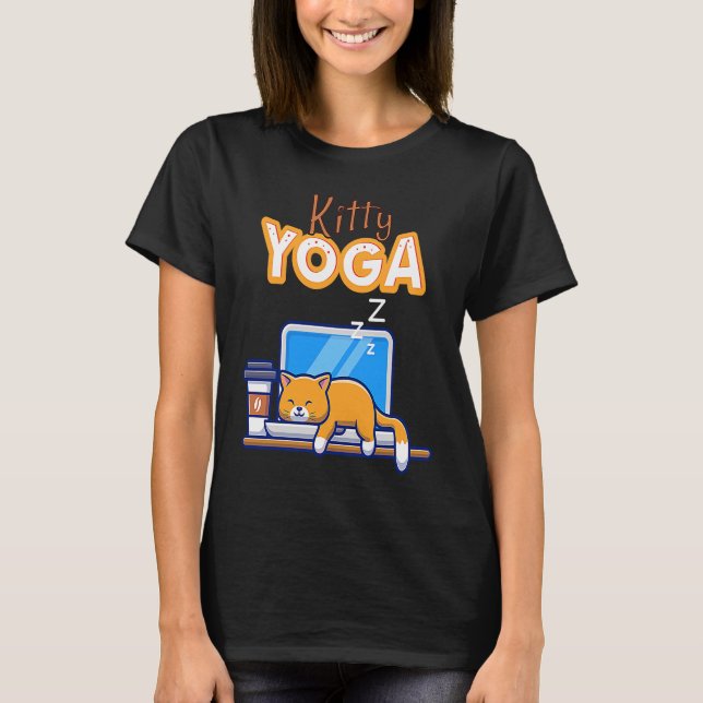 Yoga Cat on Laptop T-Shirt (Front)
