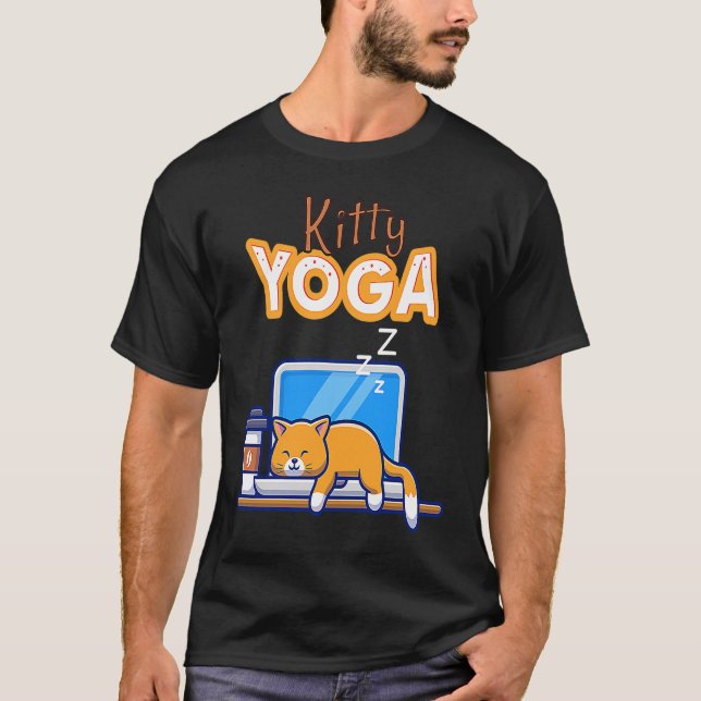 Yoga Cat on Laptop T-Shirt (Front)