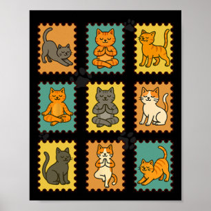 Yoga Cats Postage Stamp Practicing Mindfulness Med Poster