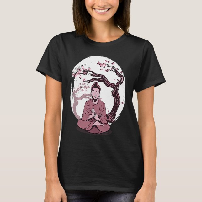 Yoga cherry blossom tree meditate Japanese writing T-Shirt (Front)
