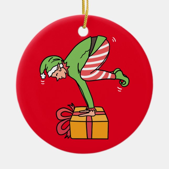 Yoga Christmas Elf Pose  Ceramic Tree Decoration (Front)