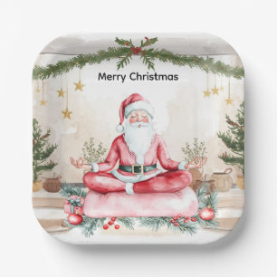 Yoga Christmas with Santa Claus in yoga class Larg Paper Plate