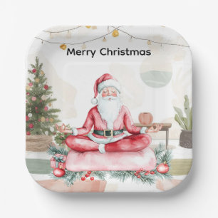 Yoga Christmas with Santa Claus in yoga class Larg Paper Plate