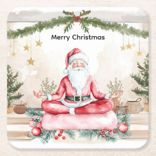 Yoga Christmas with Santa Claus in yoga class Larg Square Paper Coaster