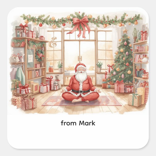 Yoga Christmas with Santa Claus in yoga class Larg Square Sticker (Front)