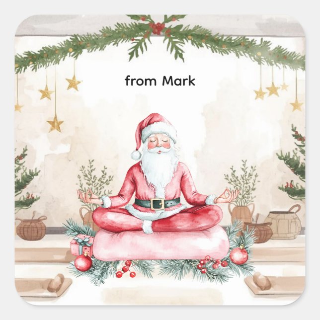Yoga Christmas with Santa Claus in yoga class Larg Square Sticker (Front)