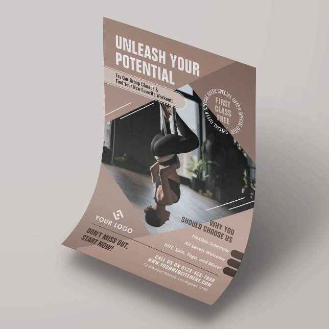 Yoga Classes Neutral Beige Photo Personal Trainer Flyer (Stylish neutral beige yoga trainer or wellness gym flyer design with custom text and your logo)