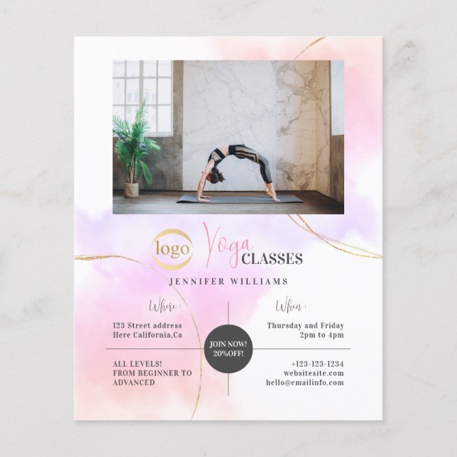 Yoga Classes Photo Logo Watercolor Pink Gold Chic Flyer (Front)