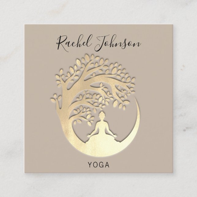 Yoga Classes School Logo Instructor Beige Gold  Square Business Card (Front)