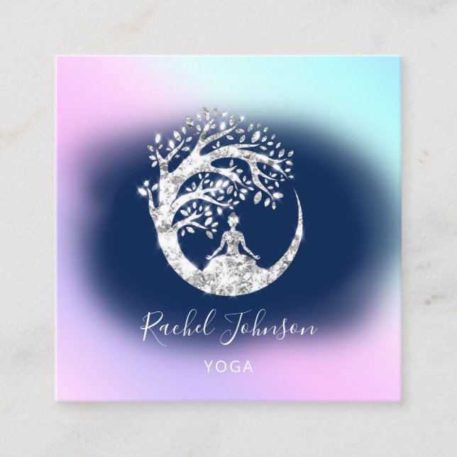 Yoga Classes School Logo Instructor QR Blue Navy Square Business Card (Front)