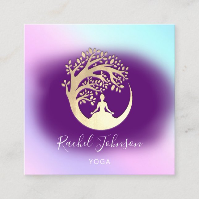 Yoga Classes School Logo Instructor QR Heal Violet Square Business Card (Front)