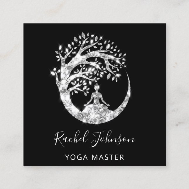 Yoga Classes School Logo Instructor QR Spark Grey  Square Business Card (Front)