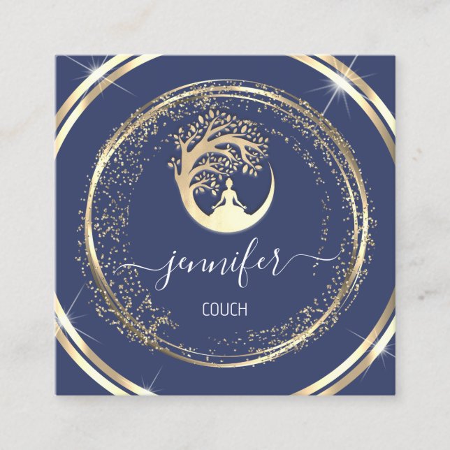 Yoga Couch Therapist Mindfulness QR Gold Blue Navy Square Business Card (Front)