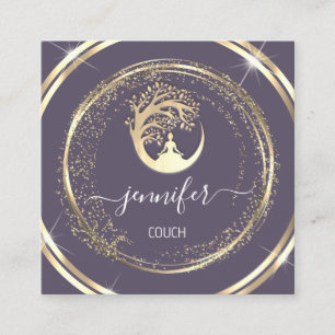 Yoga Couch Therapist Mindfulness QR Gold Purple Square Business Card