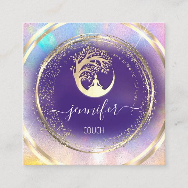 Yoga Couch Therapist Mindfulness QRCODE GoldPurple Square Business Card (Front)