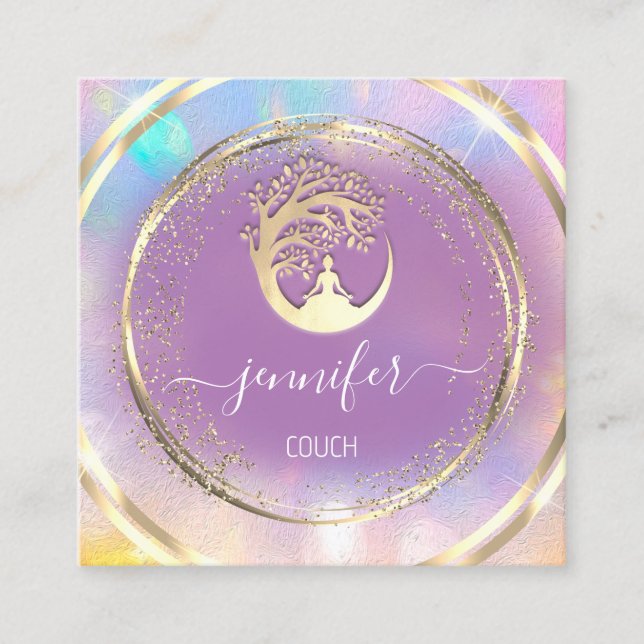 Yoga Couch Therapist Mindfulness QRCODE GoldViolet Square Business Card (Front)