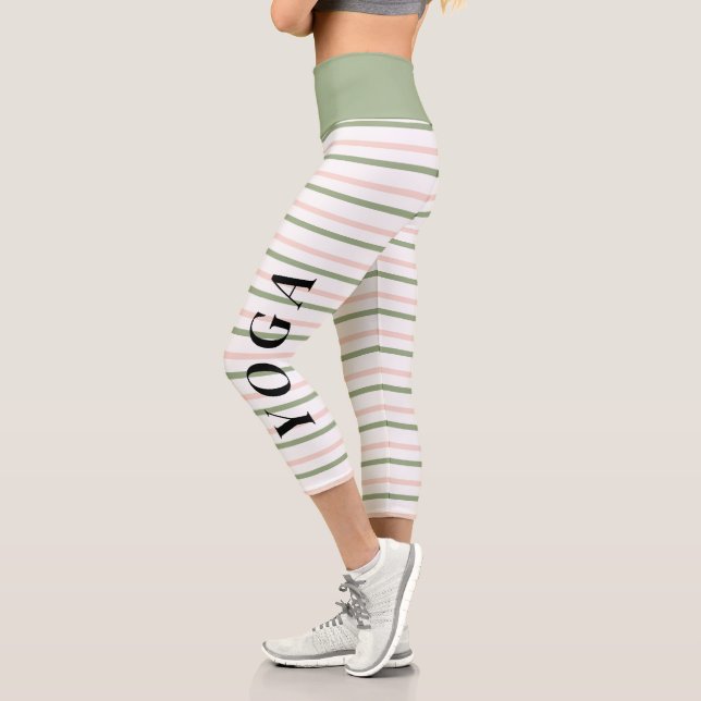 Yoga Geometric Pink and Green Stripes Capri Leggings (Left)
