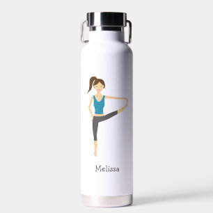 Yoga Girl In Extended Hand To Toe Pose And Name Water Bottle