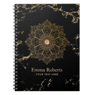 Yoga Gold Lotus Mandala Vintage Black Gold Marble Notebook