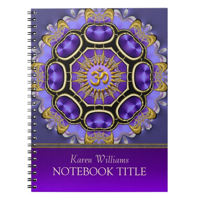 Yoga Golden Om Purple Fractal Mandala Notebook (Front)