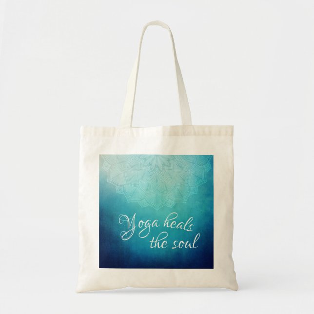 Yoga Heals the Soul Text with Blue Mandala Tote Bag (Front)